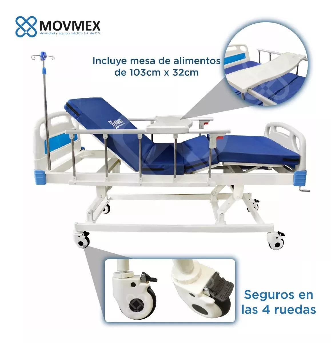 Cama Manual 3 Posiciones Ajuste de Altura + Accesorios Galeno Movmex