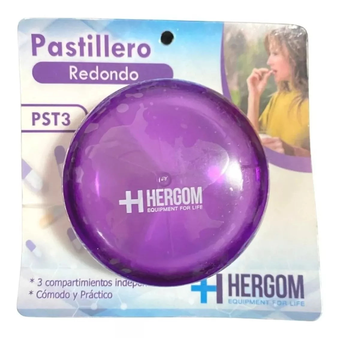 PASTILLERO REDONDO 3 COMPARTIMENTOS COLOR MORADO.