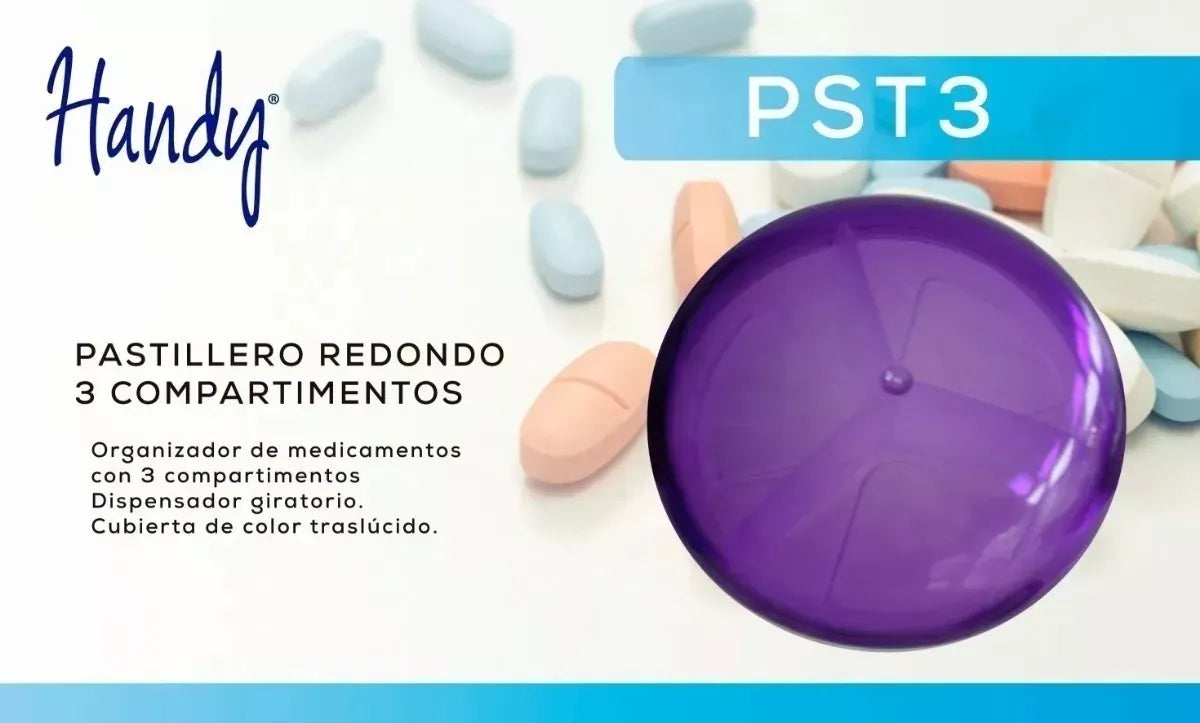 PASTILLERO REDONDO 3 COMPARTIMENTOS COLOR MORADO.