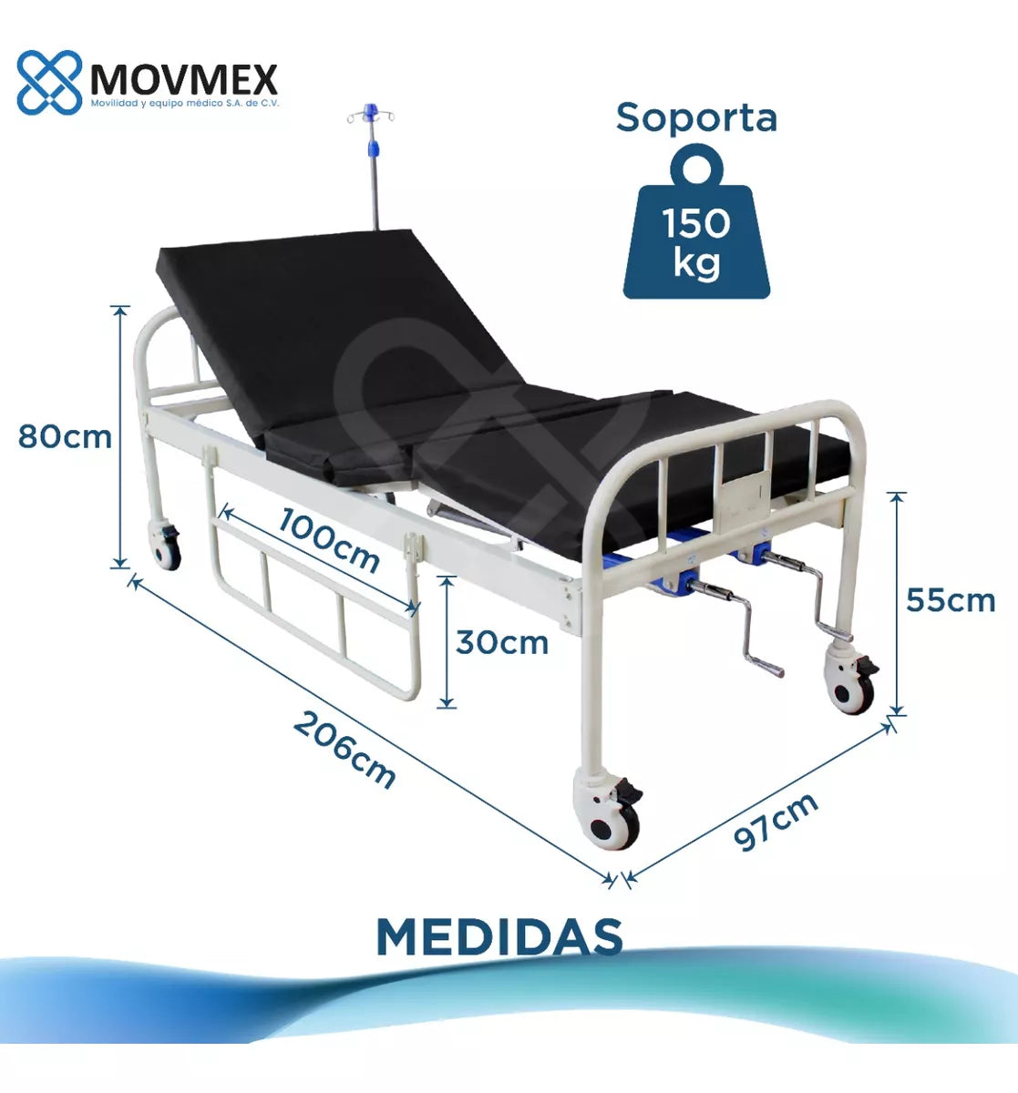CAMA HOSPITALARIA MANUAL 2 POSICIONES MODELO HIPÓCRATES CON COLCHÓN SECCIONADO