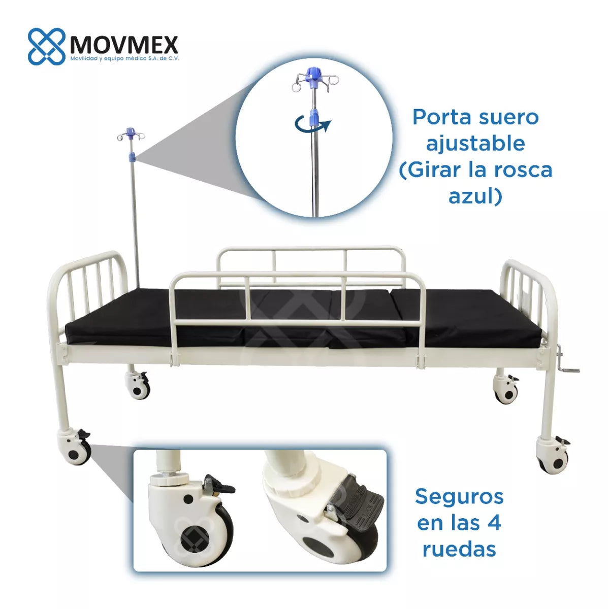 CAMA HOSPITALARIA MANUAL 2 POSICIONES MODELO HIPÓCRATES CON COLCHÓN SECCIONADO