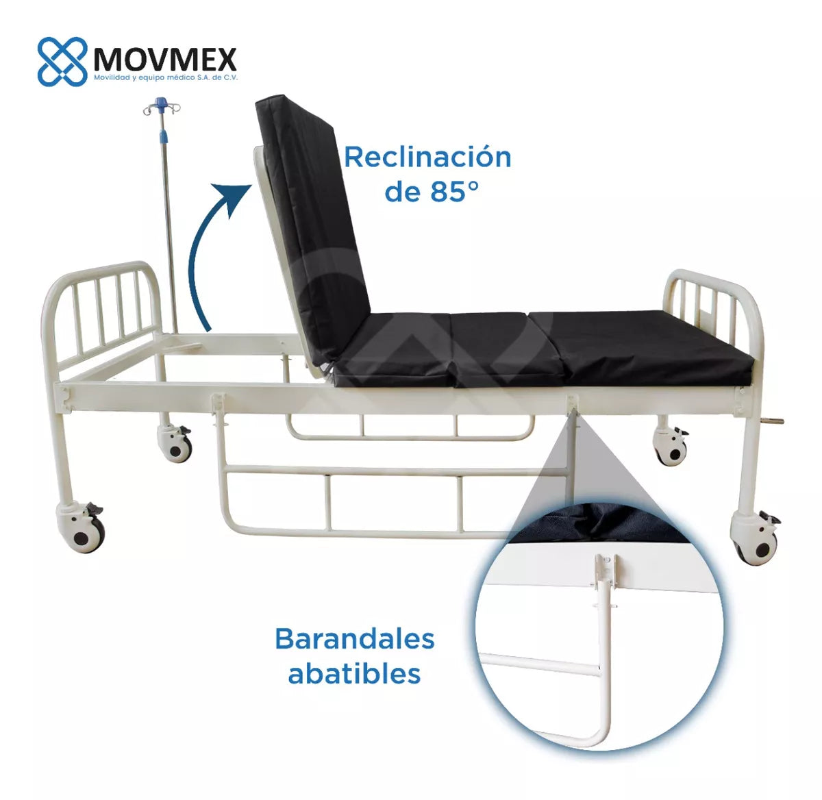 CAMA HOSPITALARIA MANUAL 2 POSICIONES MODELO HIPÓCRATES CON COLCHÓN SECCIONADO