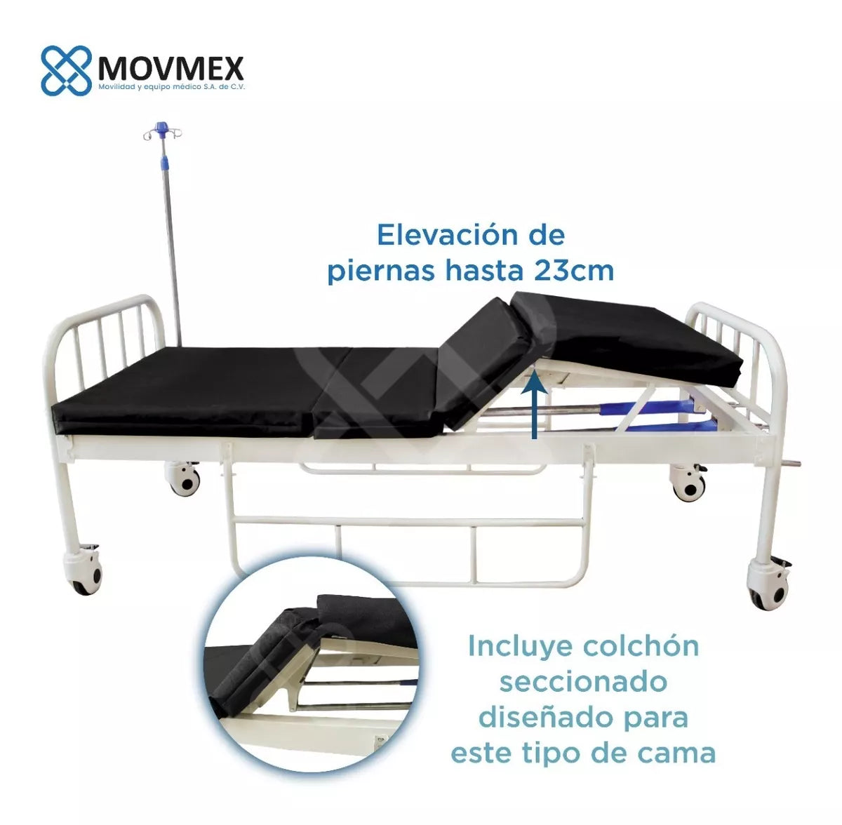 CAMA HOSPITALARIA MANUAL 2 POSICIONES MODELO HIPÓCRATES CON COLCHÓN SECCIONADO