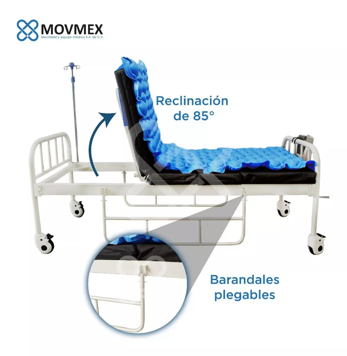 CAMA HOSPITALARIA MANUAL 2 POSICIONES CON COLCHÓN SECCIONADO Y SOBRECOLCHÓN DE PRESIÓN ALTERNA ANTILLAGAS