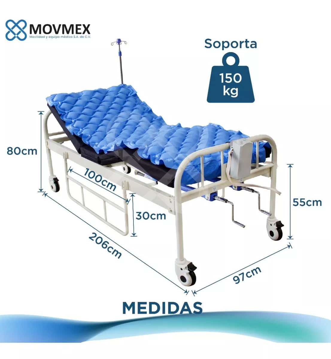 CAMA HOSPITALARIA MANUAL 2 POSICIONES CON COLCHÓN SECCIONADO Y SOBRECOLCHÓN DE PRESIÓN ALTERNA ANTILLAGAS