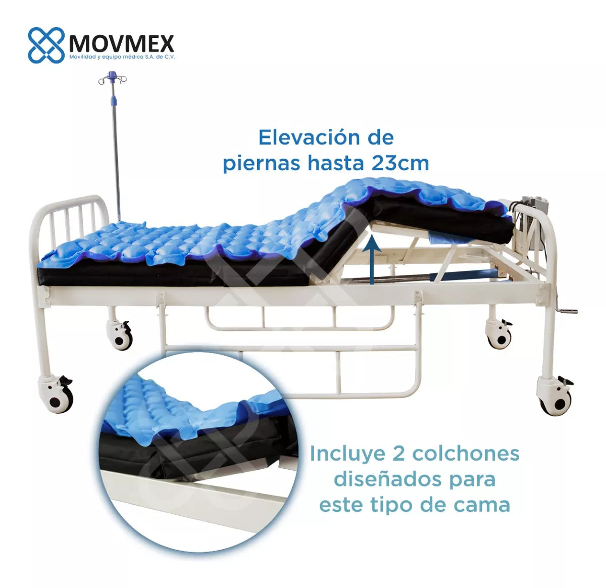 CAMA HOSPITALARIA MANUAL 2 POSICIONES CON COLCHÓN SECCIONADO Y SOBRECOLCHÓN DE PRESIÓN ALTERNA ANTILLAGAS