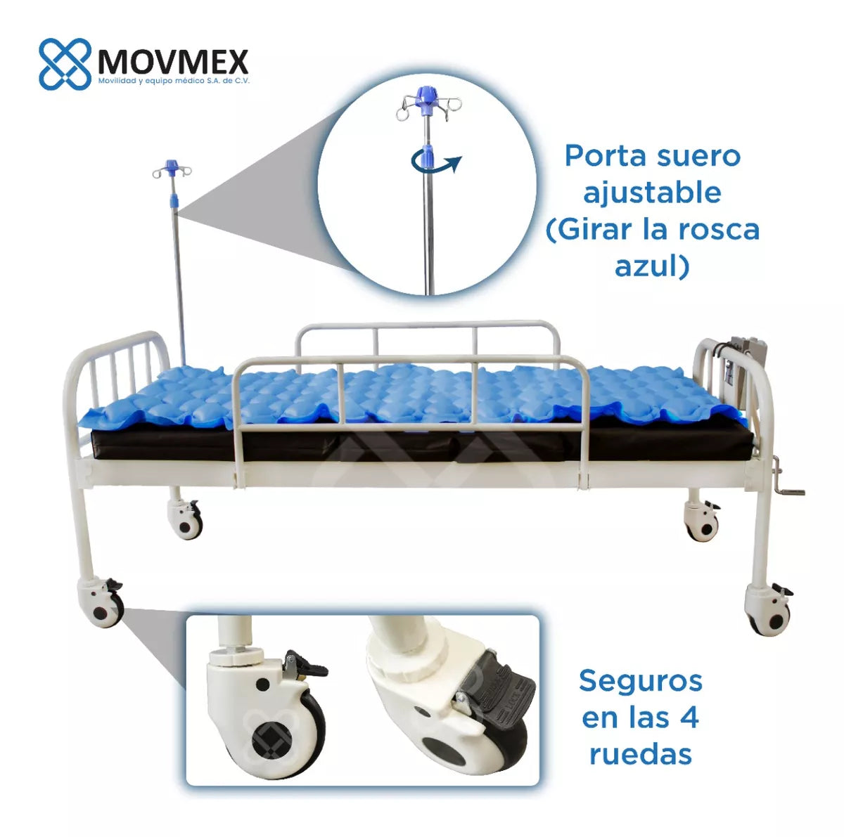 CAMA HOSPITALARIA MANUAL 2 POSICIONES CON COLCHÓN SECCIONADO Y SOBRECOLCHÓN DE PRESIÓN ALTERNA ANTILLAGAS