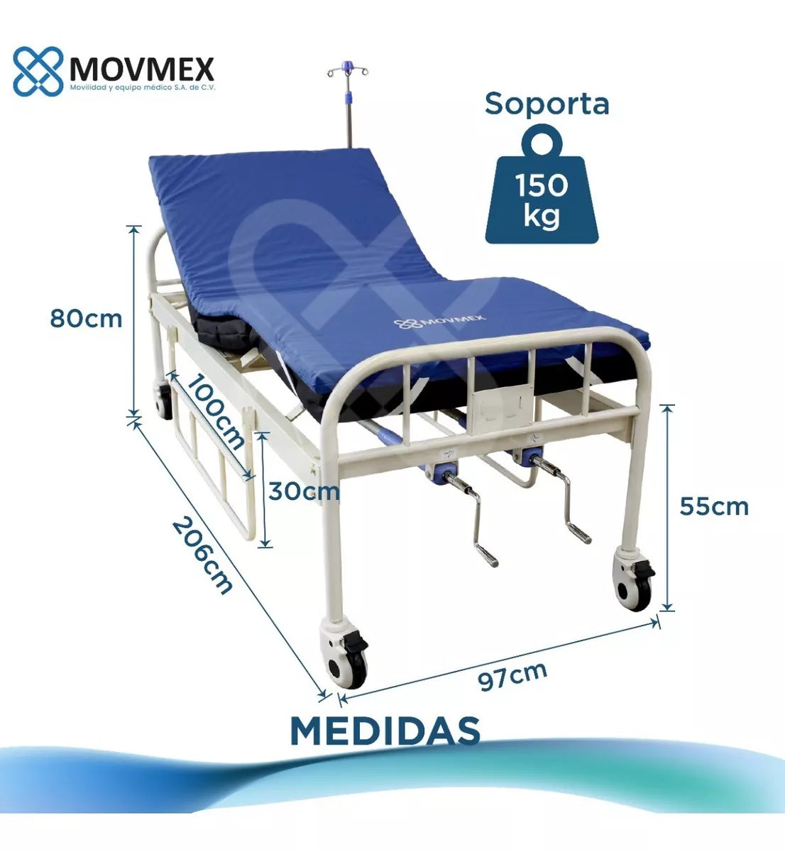 CAMA HOSPITALARIA MANUAL 2 POSICIONES CON COLCHÓN SECCIONADO Y SOBRECOLCHÓN ANTILLAGAS TIPO CASCARÓN DE HUEVO IMPERMEABLE