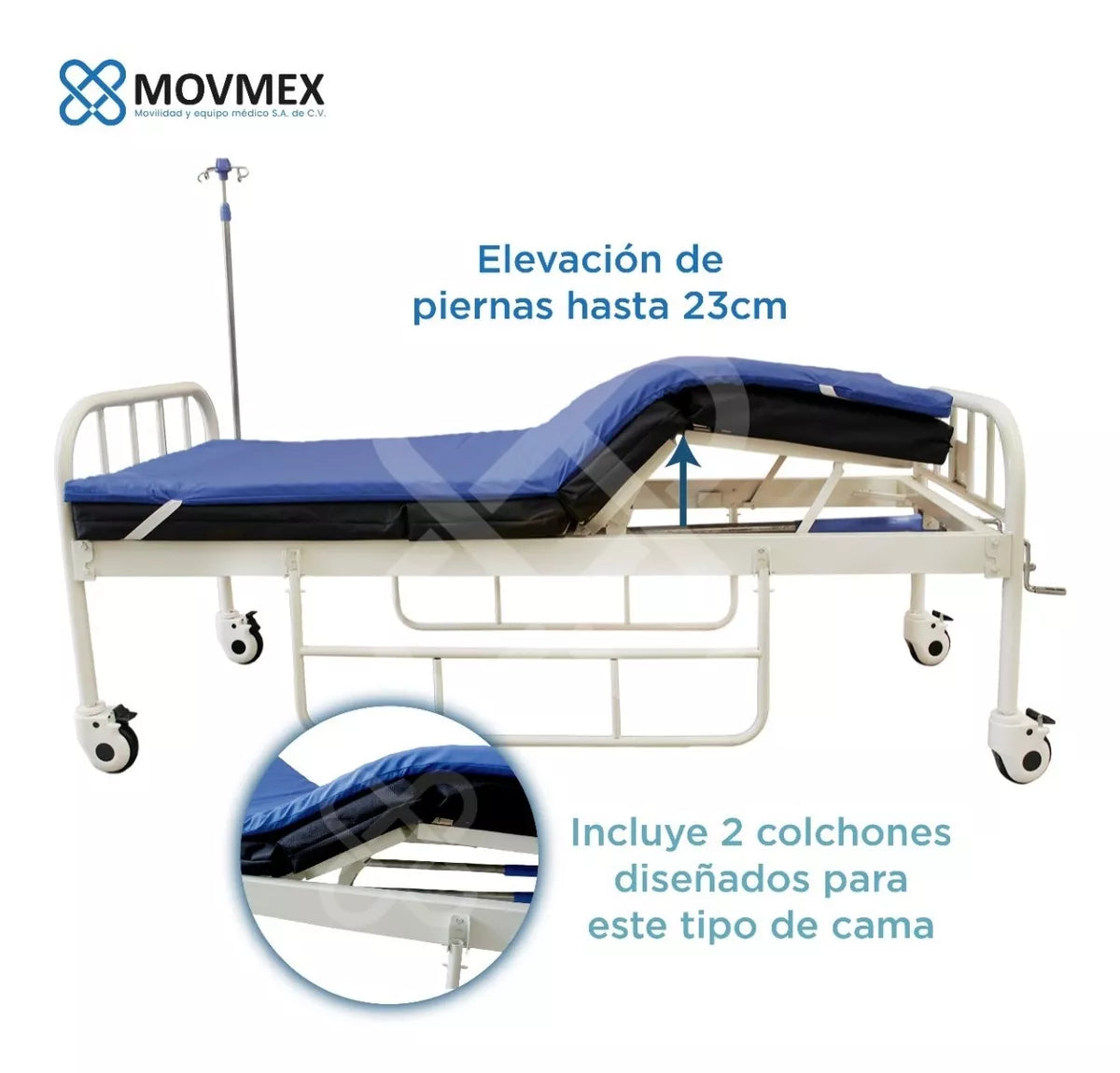 CAMA HOSPITALARIA MANUAL 2 POSICIONES CON COLCHÓN SECCIONADO Y SOBRECOLCHÓN ANTILLAGAS TIPO CASCARÓN DE HUEVO IMPERMEABLE
