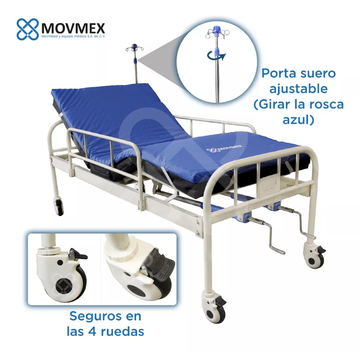 CAMA HOSPITALARIA MANUAL 2 POSICIONES CON COLCHÓN SECCIONADO Y SOBRECOLCHÓN ANTILLAGAS TIPO CASCARÓN DE HUEVO IMPERMEABLE