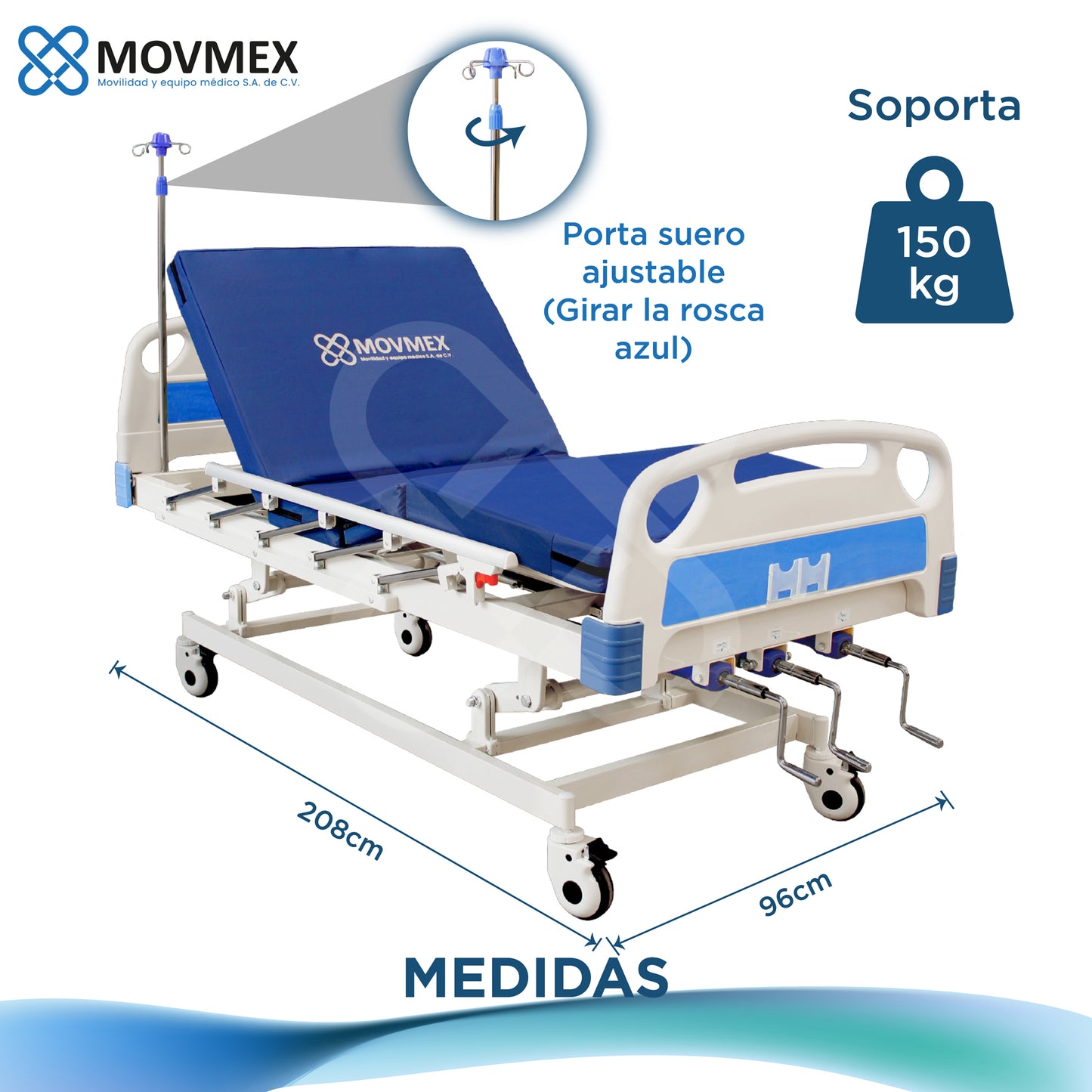 Cama Manual 3 Posiciones Ajuste de Altura + Accesorios Galeno Movmex