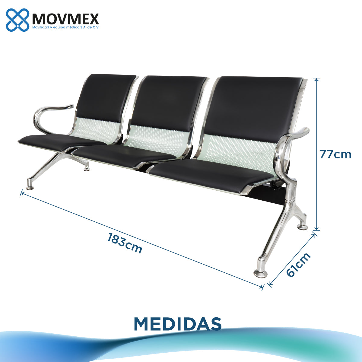 BANCA TANDEM SALA DE ESPERA CONSULTORIO 3 PLAZAS ACOJINADA