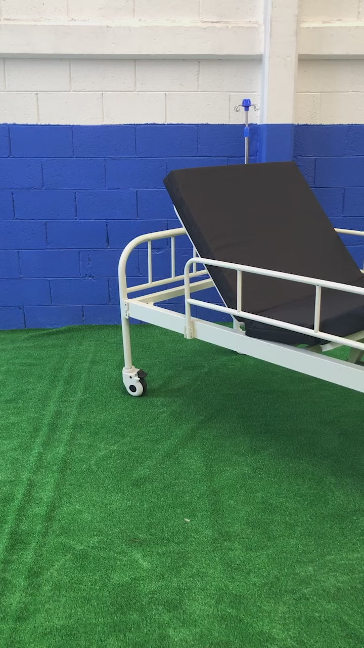 CAMA HOSPITALARIA MANUAL 2 POSICIONES MODELO HIPÓCRATES CON COLCHÓN SECCIONADO