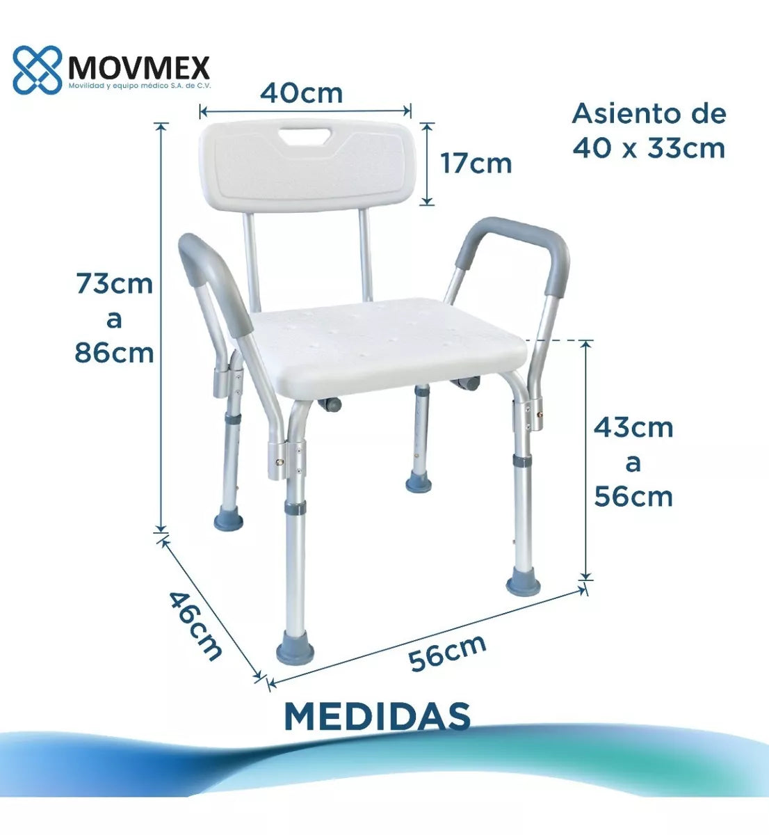 SILLA BANCO DE DUCHA CON RESPALDO Y APOYABRAZOS DESMONTABLES MODELO BASEL